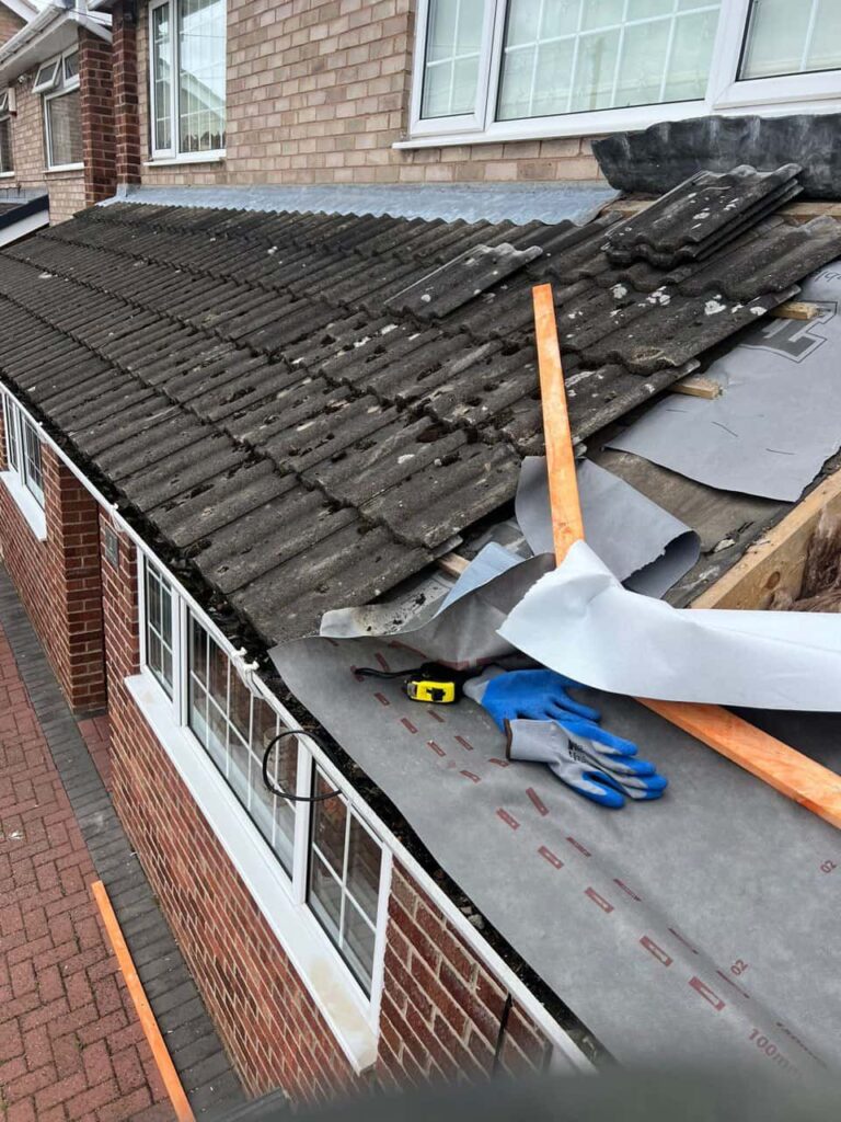 This is a photo of a pitched roof which is being repaired. The existing roof was leaking badly. Works carried out by Fareham Roofing Repairs